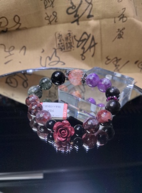 暗黑系水晶手串五福喜用火木银曜石紫金沙玫瑰红泥八棱招C转Y手链