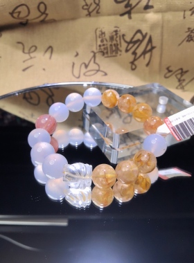 天然12咪水晶手链白水宝宝狐黄胶花招C蓝玉髓五福喜用土水手串