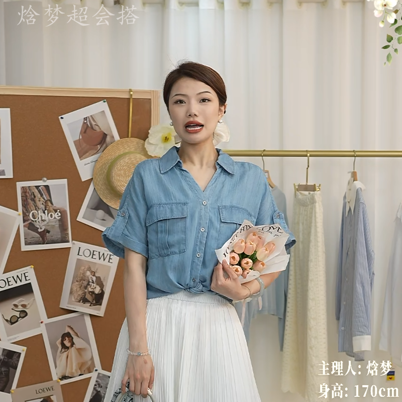 减龄下摆打结牛仔衬衣女短袖薄款春夏宽松休闲气质小个子衬衫上衣