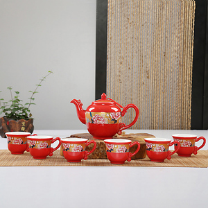 婚庆礼品茶具 结婚敬茶杯茶壶陶瓷茶具套装红釉红色茶具