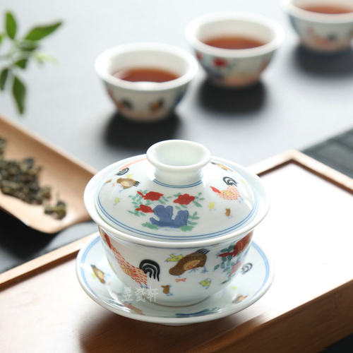 景德镇大明成化鸡缸杯半手绘盖碗
