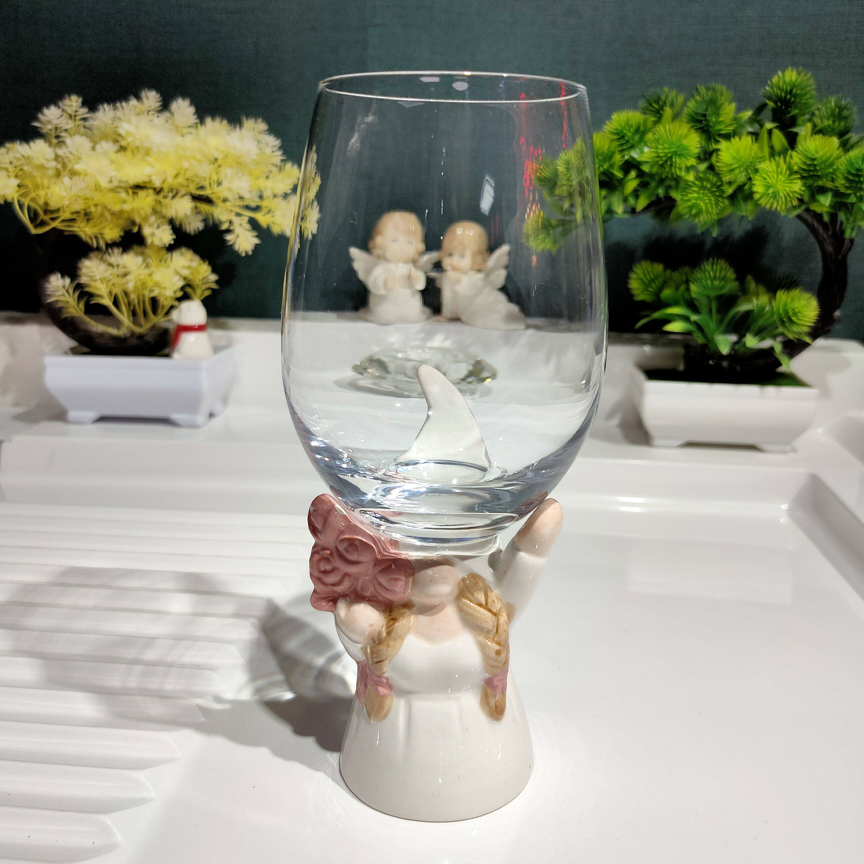 新品手绘釉下彩精灵陶瓷红酒杯摆桌面摆件