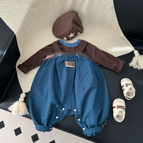 男宝宝春装套装婴幼儿春秋款潮范帅气撞色背带裤两件套潮0204A123