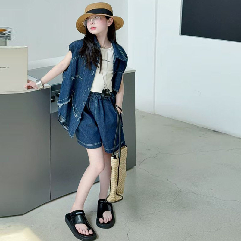 女童牛仔套装2026儿童夏装背儿童运动套装