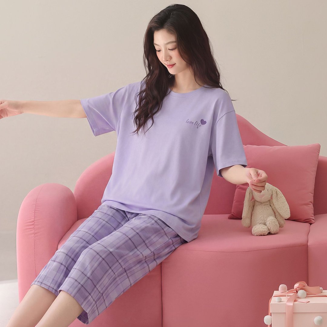 女士100%纯棉夏季薄款短袖七分裤睡衣套装休闲宽松大码全棉家居服