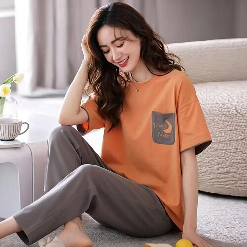 睡衣女夏款纯棉新款全棉夏季短袖长裤可外穿大码薄款家居服套装
