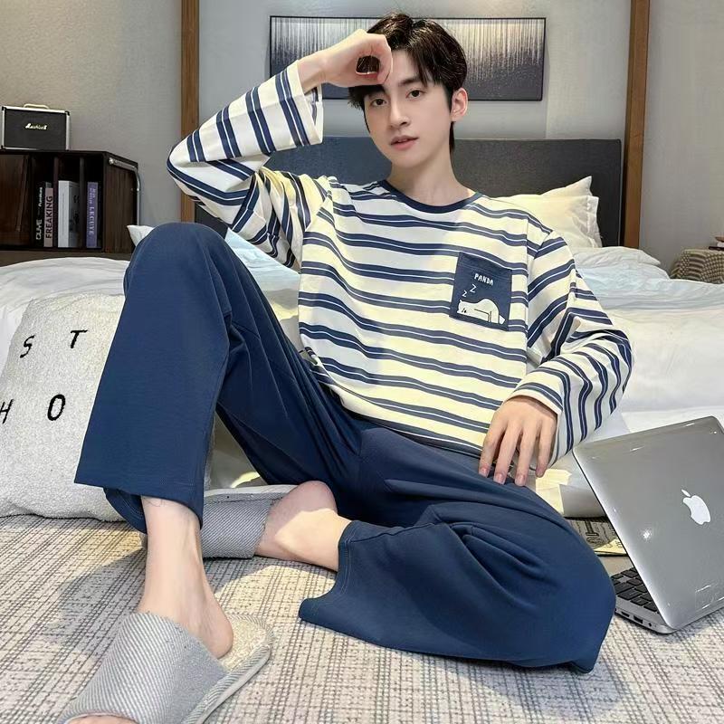睡衣男春秋款纯棉长袖100%棉男士秋季男款秋冬薄款全棉大码家居服