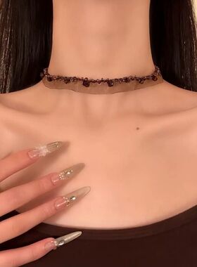 复古咖色蕾丝薄纱choker项链女小众独特气质颈链配饰