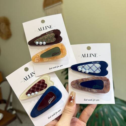 alline新款清爱心珍珠新甜美鸭嘴夹格纹波点发夹边夹简约少女发饰