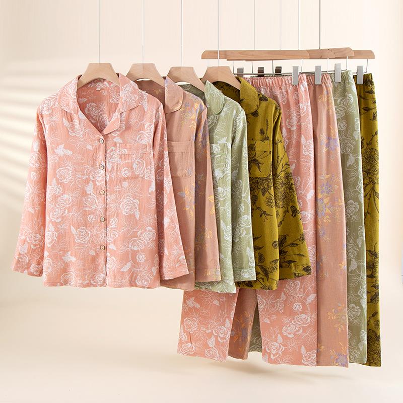 睡衣色织双层可外女套装棉麻春秋长袖家居服纯棉纱穿薄款全棉布