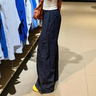藏青色速干工装裤女夏季薄款高腰宽松阔腿小个子防晒直筒运动裤子