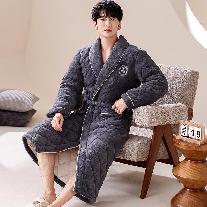 牛奶男士男款夹睡袍绒棉长款绒加绒浴袍长袍冬季珊瑚睡衣三层加厚