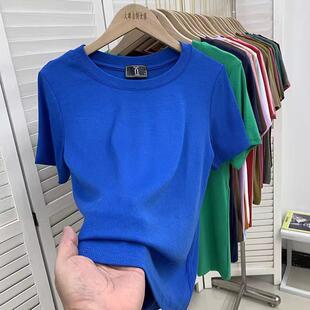 大码 绿色小衫 纯色宽松弹力螺纹短袖 上衣时尚 圆领 t恤女打底衫 新款