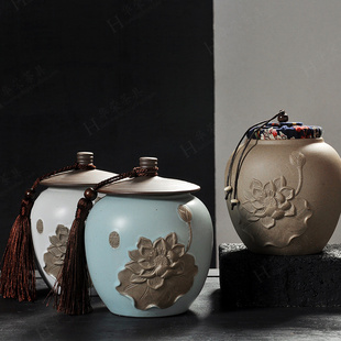 精品茶叶罐汝窑陶瓷罐紫砂普洱大号茶罐密封陶罐香粉罐醒茶罐包邮