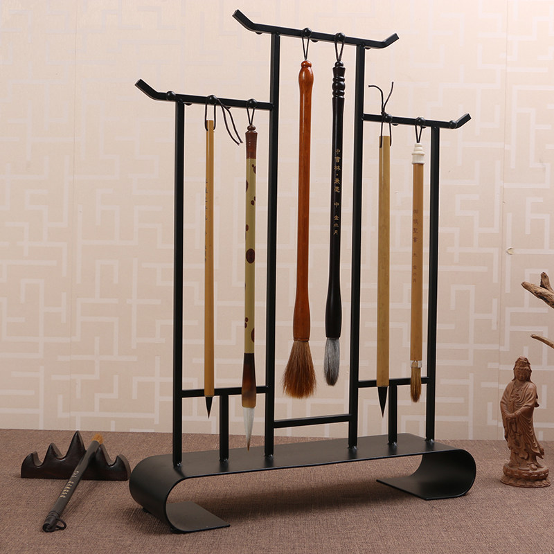 新款新中式铁艺笔挂简约架文房四宝祥云书法笔架展示架毛笔挂摆件