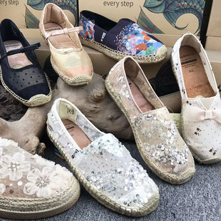 jm快乐玛丽女鞋夏季休闲一脚蹬渔夫鞋亮片蕾丝镂空透气平底懒人鞋