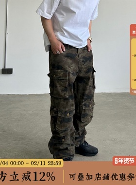 BBCN STORE美式复古做旧多口袋工装迷彩牛仔裤新款高街直筒长裤