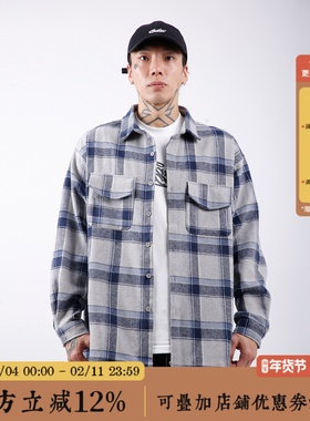 BBCN STORE美式宽松棉麻格子衬衫西海岸嘻哈街头春秋外套vintage