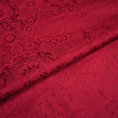 枣红深红色底纹宝相花纹团花纹中式织锦缎布料云锦丝绸缎子面料