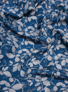靛蓝色树叶文艺夏季凉爽居家棉绸布料人造棉木棉香云丝纯棉面料