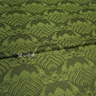秋香绿色军绿海崖纹海水江崖织锦缎提花布料丝绸缎子云锦宋锦面料