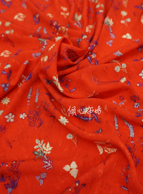 红橙色漂亮趣味小花平纹芦荟棉布料细腻人造棉绸宝宝真丝棉面料