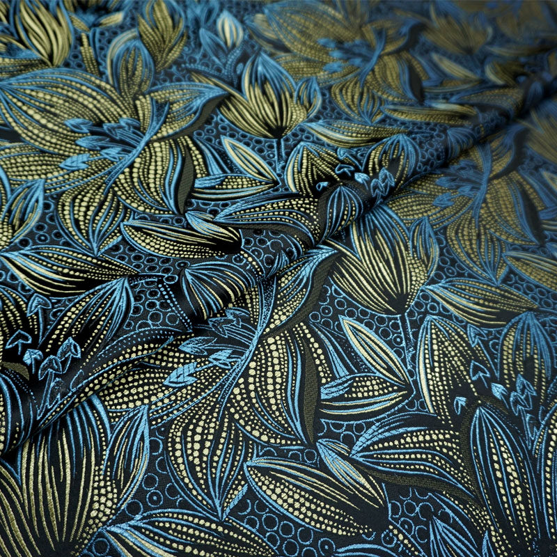 黑底色满底线条唯美百合花织锦缎布料 丝绸缎子古香旗袍汉服面料