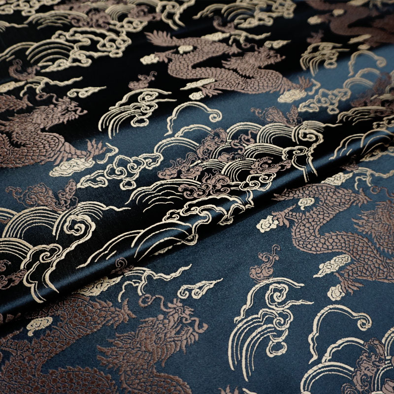 高档黑底咖啡驼色大龙祥云织锦缎布料国潮男云宋锦丝绸缎子面料