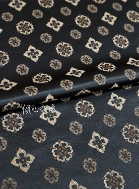 黑色底可爱隋唐朝朵花纹柿蒂纹织锦缎布料国潮宋锦丝绸缎子面料