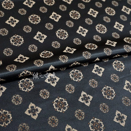 黑色底可爱隋唐朝朵花纹柿蒂纹织锦缎布料国潮宋锦丝绸缎子面料