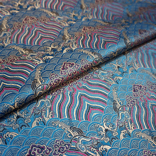 天蓝色云海崖纹海水江崖纹亚光织锦缎布料丝绸缎子云宋锦古装面料