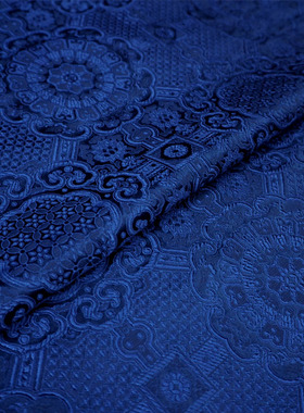 特深蓝藏蓝黑色底纹宝相花纹团花中式织锦缎布料云锦丝绸缎子面料