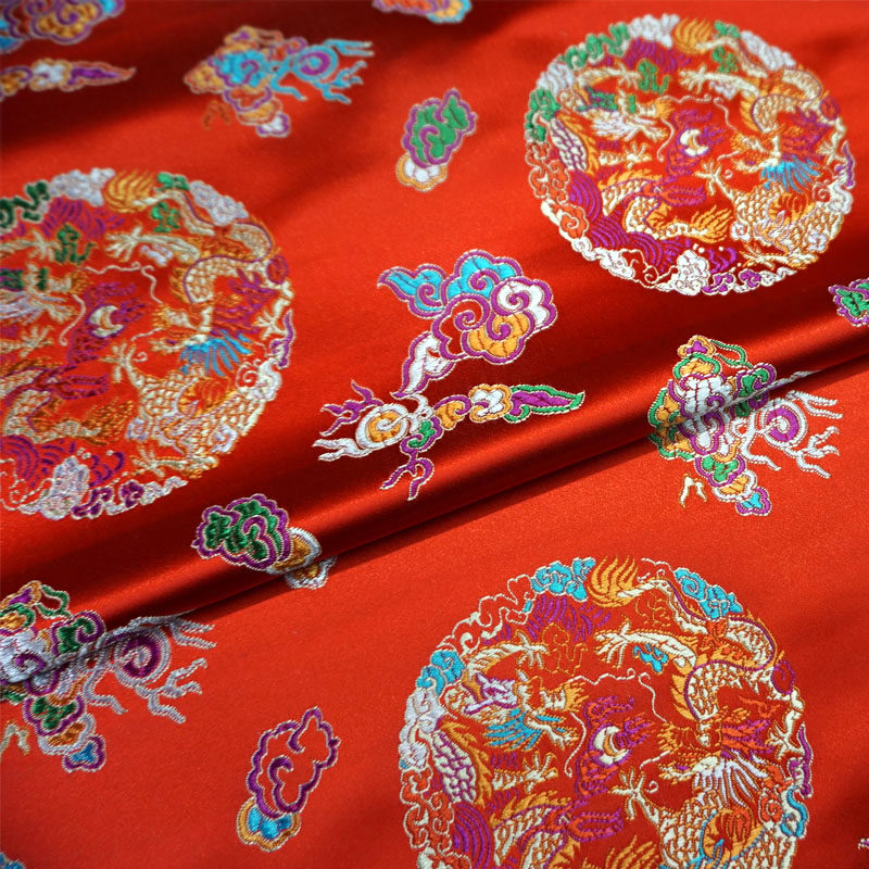 大红色七彩祥云二龙戏珠云锦布料/古香织锦缎丝绸缎子面料