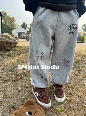 RM原创设计新品男女儿童宝宝日系纯棉灰色加绒加厚卡通涂鸦运动裤