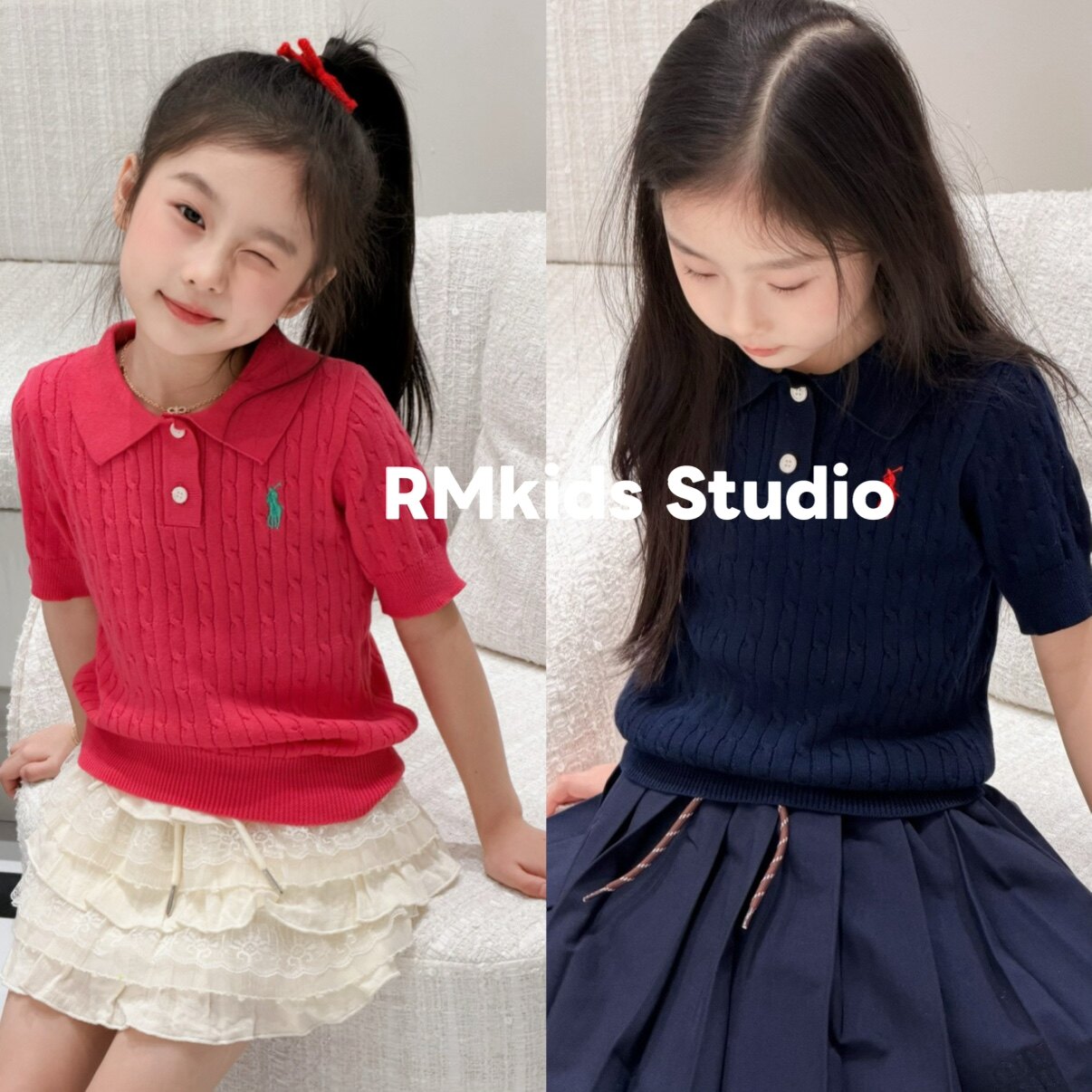 RM原创设计春夏新品女童宝宝纯棉2色甜美麻花复古翻领针织短袖