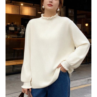 胖mm显瘦毛衣上衣 女秋冬新款 大码 木耳边灯笼内搭半高领针织打底衫