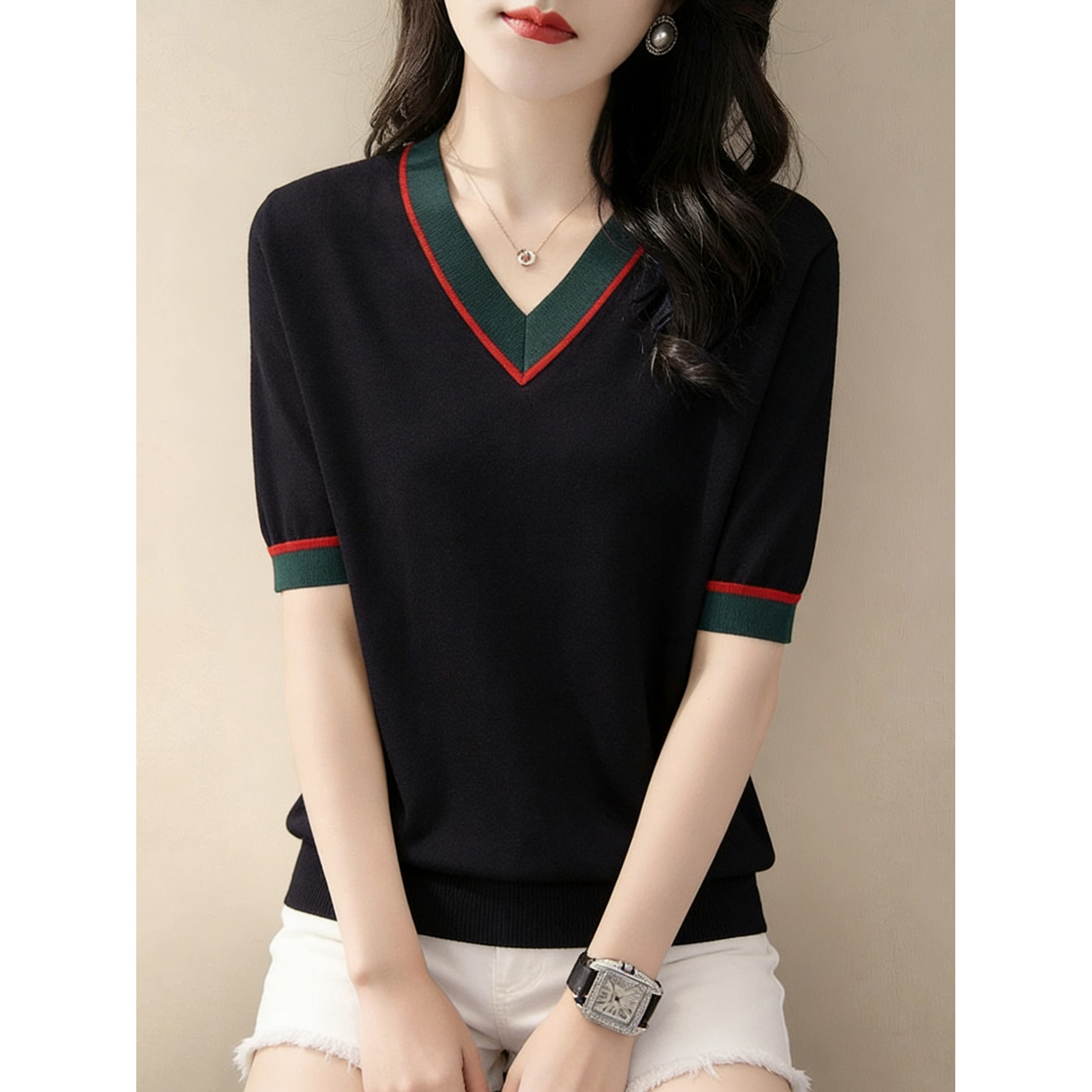 大码女装撞色条纹V领冰丝针织短袖t恤女2026夏季新款胖mm显瘦上衣