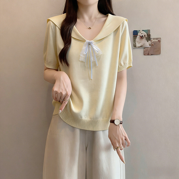 大码女装娃娃领冰丝针织短袖t恤女2026夏季新款胖mm显瘦减龄上衣