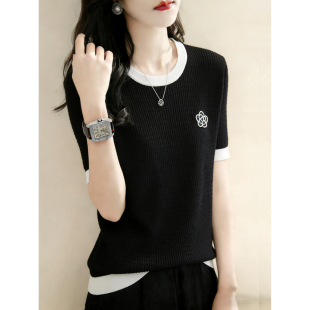 新款 大码 t恤女夏装 饰山茶花冰丝针织撞色短袖 胖mm显瘦上衣 立体装