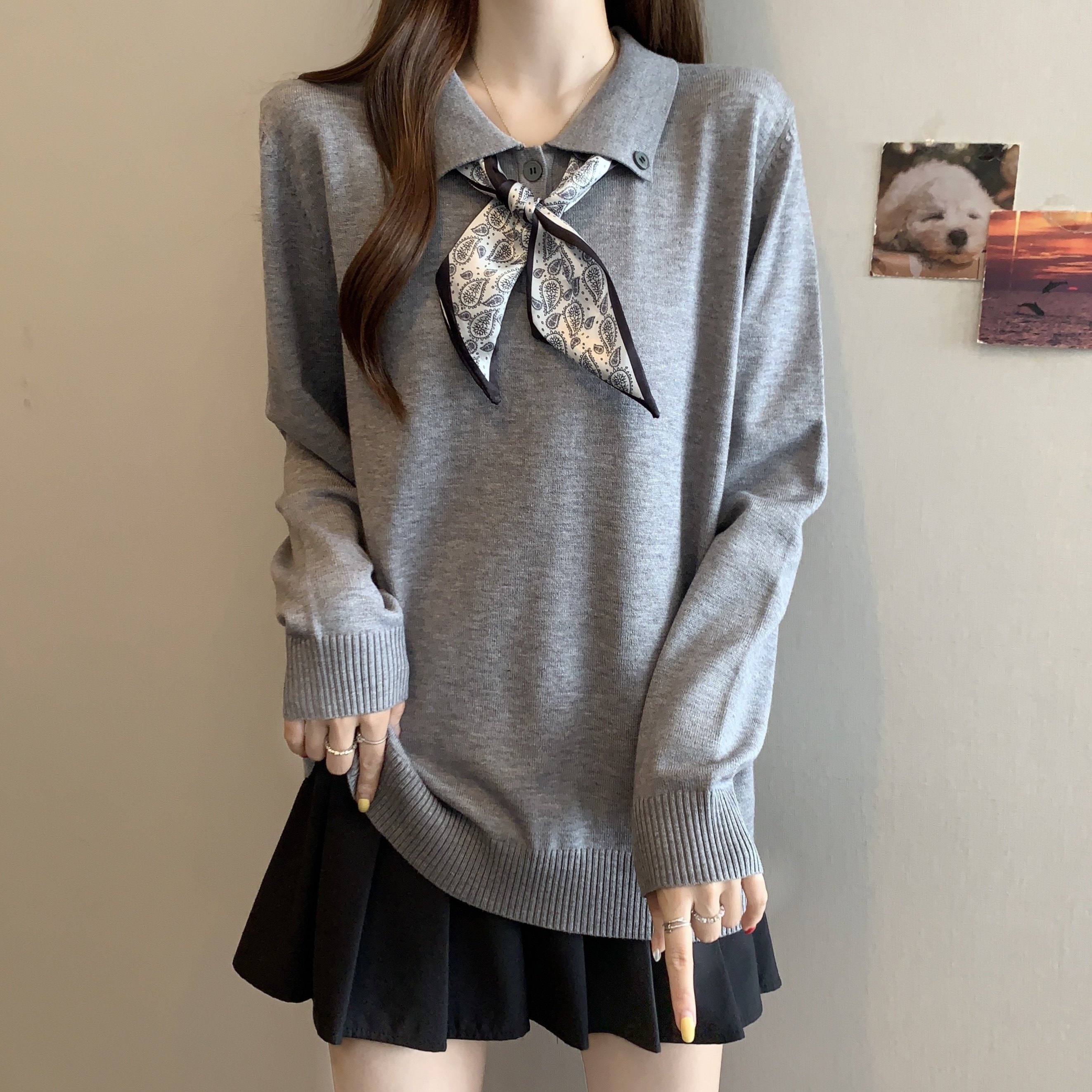 大码灰色毛衣POLO领内搭打底衫女士胖mm显瘦内搭假两件针织衫上衣