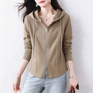 大码女装鱼骨线连帽卫衣女春装新款胖mm显瘦双头拉链开衫外套上衣