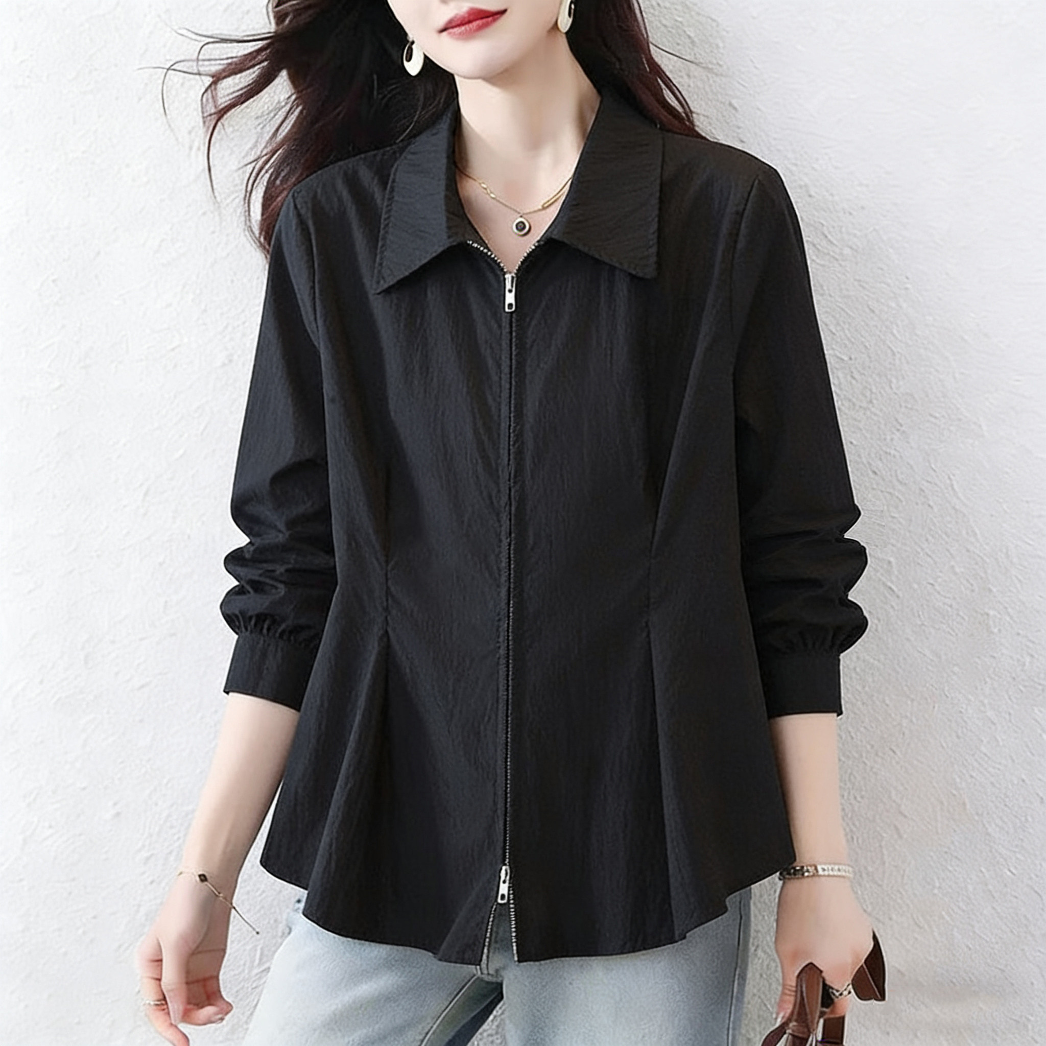 大码女装POLO领双头拉链开衫长袖衬衣女春夏新款胖mm显瘦衬衫上衣