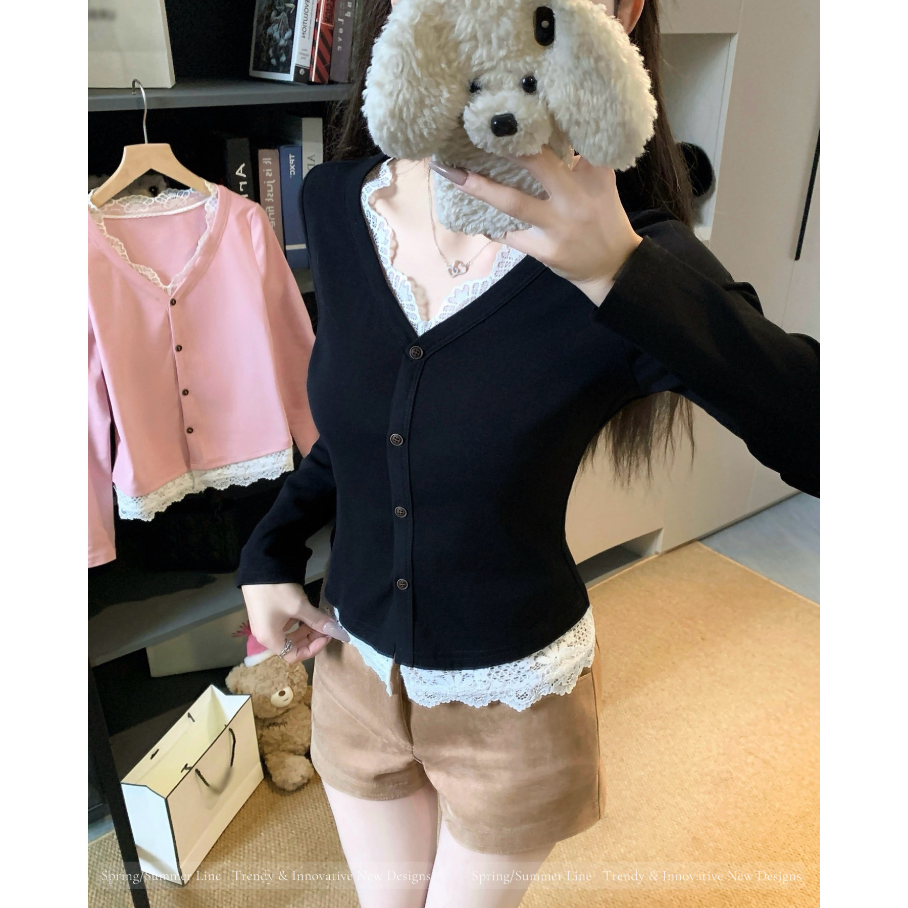 大码女蕾丝花边假两件正肩长袖t恤女春装胖mm显瘦V领甜美小衫上衣