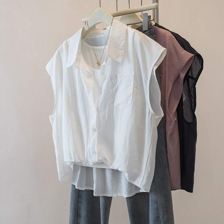 大码女装白色POLO领假两件无袖小衫衬衣女夏新款胖mm显瘦背心上衣