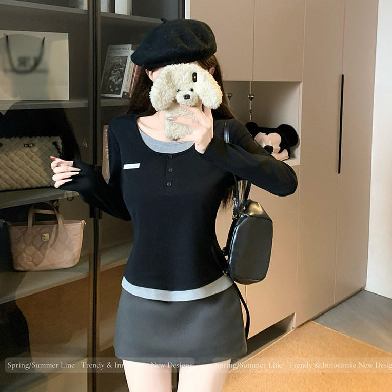 大码女装撞色正肩长袖t恤女2026春装新款胖mm显瘦假两件别致上衣