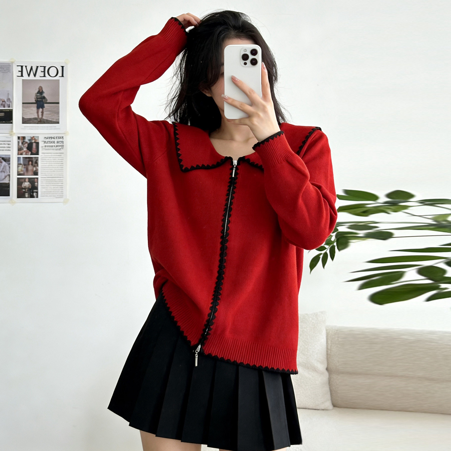 大码女装娃娃领长袖针织开衫毛衣外套女2026春装新款胖mm显瘦上衣