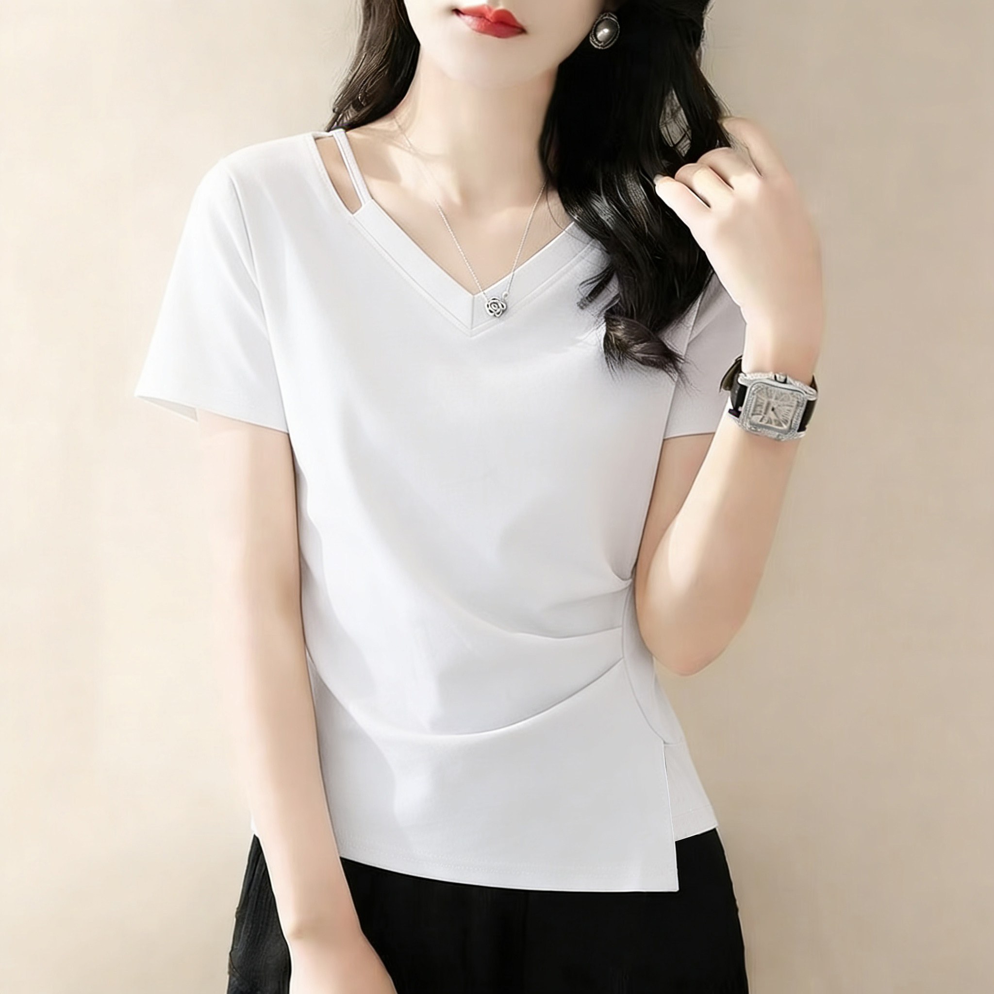 大码潮流V领设计感正肩不规则短袖t恤女2026夏季新款胖mm显瘦上衣