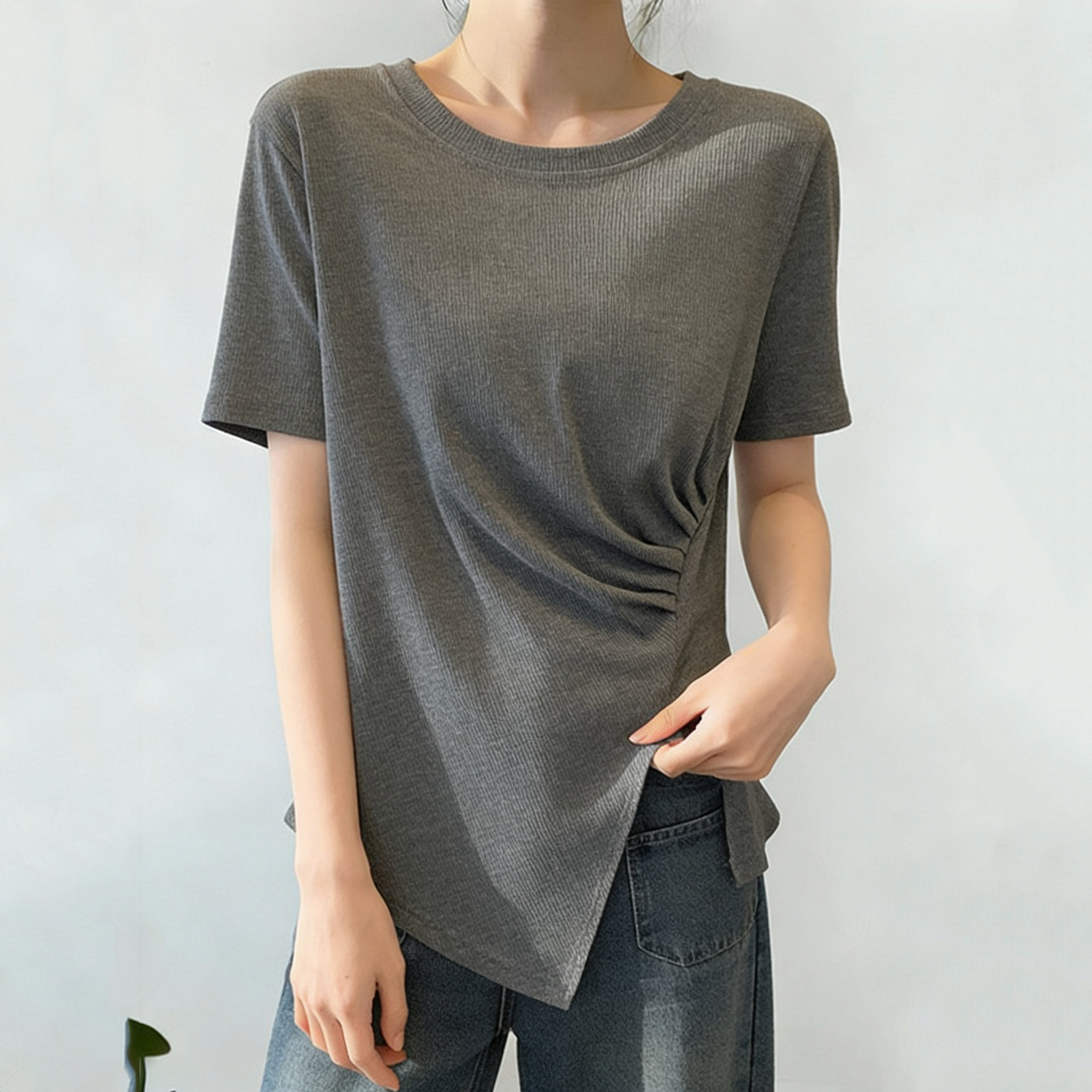 大码女装设计感不规则正肩短袖t恤女2026年夏季新款胖mm显瘦上衣