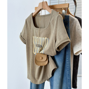 新款 大码 t恤女2026夏装 U领正肩短袖 胖mm显瘦印花宽松减龄上衣 女装