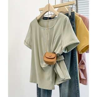 新款 大码 t恤女春夏装 圆领正肩不规则短袖 胖mm显瘦设计感上衣 女装